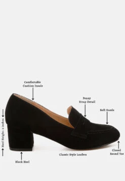 Astra Block Heel Genuine Suede Loafers -Her Shoe World Astra Block Heel Suede Loafers RCSH5190 BLACK 5