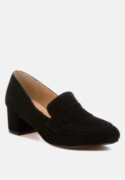 Astra Block Heel Genuine Suede Loafers -Her Shoe World Astra Block Heel Suede Loafers RCSH5190 BLACK 7