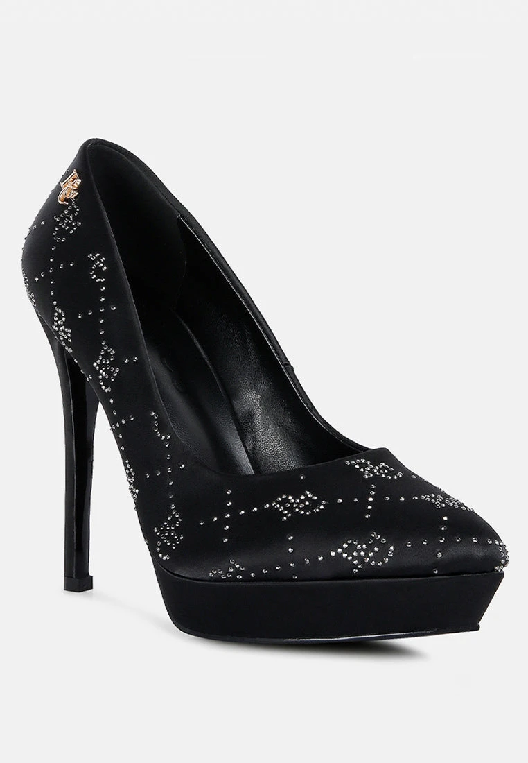 BALLARD Black Monogram Satin Stiletto Pumps 3 BALLARD Black Monogram Satin Stiletto Pumps