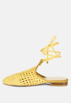 BARTSI Yellow Handwoven Tie Up Flat Mules -Her Shoe World BARTSIYellowHandwovenCottonTieUpMuleFlats RCSH2866 Yellow 3