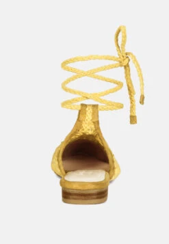 BARTSI Yellow Handwoven Tie Up Flat Mules -Her Shoe World BARTSIYellowHandwovenCottonTieUpMuleFlats RCSH2866 Yellow 5