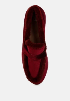 Bastian Fur Detail Velvet Loafers -Her Shoe World BastianFurDetailVelvetLoafersRCSH5204BURGUNDY 2