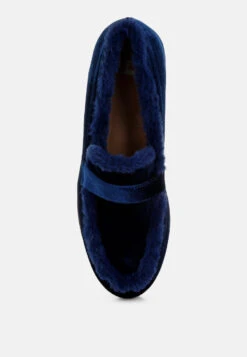 Bastian Fur Detail Velvet Loafers -Her Shoe World Bastian Fur Detail Velvet Loafers RCSH5204 DARK BLUE 2