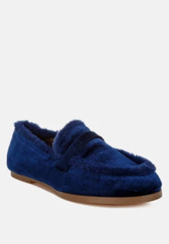 Bastian Fur Detail Velvet Loafers -Her Shoe World Bastian Fur Detail Velvet Loafers RCSH5204 DARK BLUE 6