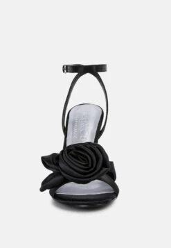 CHAUMET Black Rose Bow Embellished Sandals -Her Shoe World CHAUMETBlackRoseBowSatinHeeledSandals RCSH3434Black 5