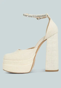 COSETTE Diamante Embellished Ankle Strap High Block Heel Sandals In Off White -Her Shoe World COSETTEDiamanteEmbellishedAnkleStrapHighBlockHeelSandalsinOffWhite RCSH4185OffWhite 7