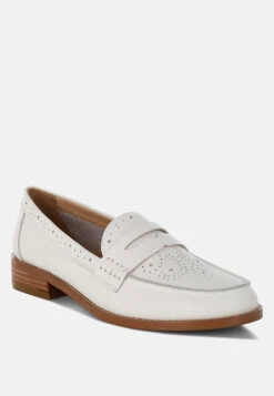 Her Shoe World -Her Shoe World Clotilda Perforated Low Heel Loafers RCSH5388 OFF WHITE 4