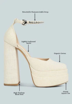 COSETTE Diamante Embellished Ankle Strap High Block Heel Sandals In Off White -Her Shoe World Detail