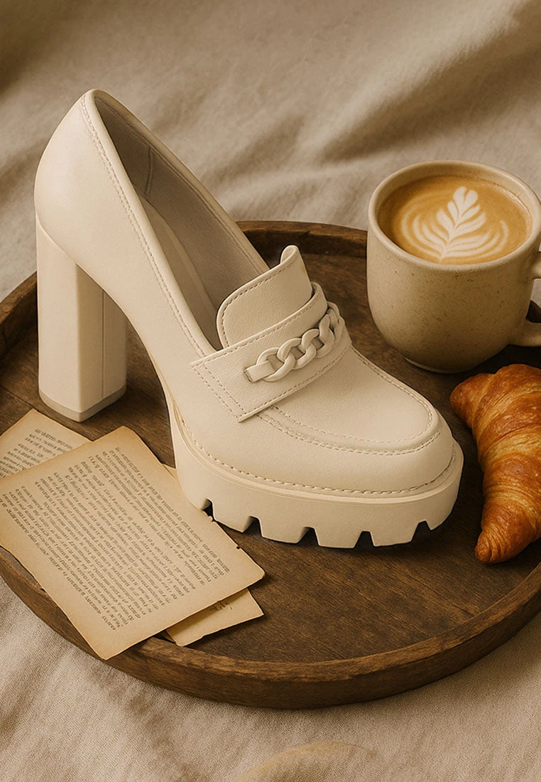 CORINNE Beige Chain Embellished Chunky Loafers 4 CORINNE Beige Chain Embellished Chunky Loafers - Image 2