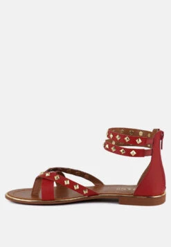 EMMETH Studs Embellished Red Flat Gladiator Sandals -Her Shoe World EMMETHStudsEmbellishedRedFlatGladiatorSandals RCSH4105 red 6