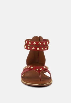 EMMETH Studs Embellished Red Flat Gladiator Sandals -Her Shoe World EMMETHStudsEmbellishedRedFlatGladiatorSandals RCSH4105 red 7