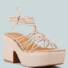 FAWCETT Nude Tie Up Platform Heeled Sandals -Her Shoe World FAWCETTNudeTieUpHandmadeBlockHeeledSandals RCSH2393 Nude 1