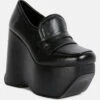 GILLIAM Black High Platform Wedge Loafers -Her Shoe World GILLIAMBlackHighPlatformWedgeLoafers RCSH3933BLACK 1 6