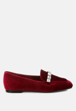 Kyari Velvet Diamante Strap Loafers -Her Shoe World Kyari Velvet Diamante Strap Loafers RCSH5051 DARK RED 5