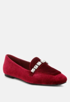 Kyari Velvet Diamante Strap Loafers -Her Shoe World Kyari Velvet Diamante Strap Loafers RCSH5051 DARK RED 7