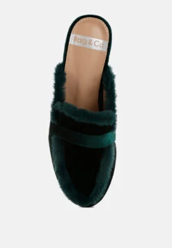 Seyhan Fur Detail Velvet Slip-On Mules -Her Shoe World MulesFurDetailVelvetSlip OnMules RCSH5205 BottleGreen 12