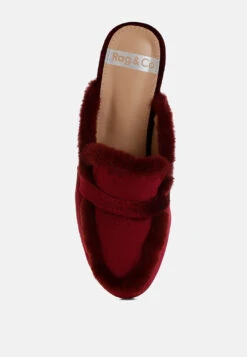 Seyhan Fur Detail Velvet Slip-On Mules -Her Shoe World Mules Fur Detail Velvet Slip On Mules RCSH5205 Burgundy 2