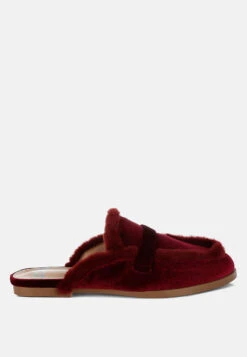 Seyhan Fur Detail Velvet Slip-On Mules -Her Shoe World Mules Fur Detail Velvet Slip On Mules RCSH5205 Burgundy 3