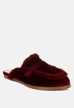 Seyhan Fur Detail Velvet Slip-On Mules -Her Shoe World Mules Fur Detail Velvet Slip On Mules RCSH5205 Burgundy 4