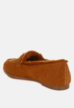 Ohrid Real Suede Leather & Faux Fur Flat Loafers -Her Shoe World OhridSuede FauxFurFlatLoafers RCSH5202 Tan 1
