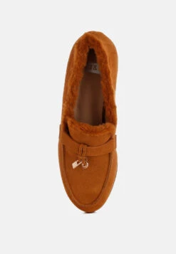 Ohrid Real Suede Leather & Faux Fur Flat Loafers -Her Shoe World OhridSuede FauxFurFlatLoafers RCSH5202 Tan 4