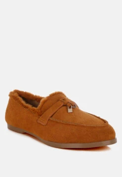Ohrid Real Suede Leather & Faux Fur Flat Loafers -Her Shoe World OhridSuede FauxFurFlatLoafers RCSH5202 Tan 6