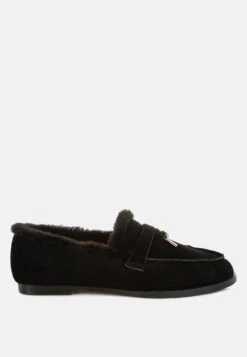 Ohrid Real Suede Leather & Faux Fur Flat Loafers -Her Shoe World Ohrid Suede Faux Fur Flat Loafers RCSH5202 Black 2