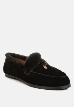 Ohrid Real Suede Leather & Faux Fur Flat Loafers -Her Shoe World Ohrid Suede Faux Fur Flat Loafers RCSH5202 Black 4