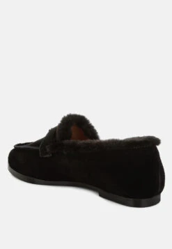 Ohrid Real Suede Leather & Faux Fur Flat Loafers -Her Shoe World Ohrid Suede Faux Fur Flat Loafers RCSH5202 Black 7