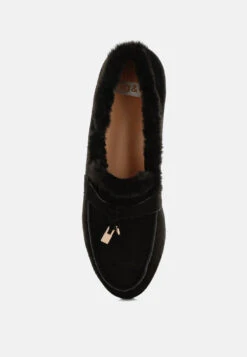 Ohrid Real Suede Leather & Faux Fur Flat Loafers -Her Shoe World Ohrid Suede Faux Fur Flat Loafers RCSH5202 Black 9