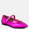 ALVERNO Metallic Diamante Mary Jane Leather Flats In Fuchsia -Her Shoe World RCSH3270 FUSHIA 2