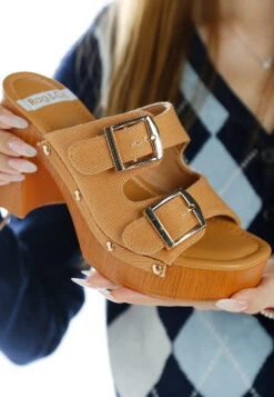 Sarai Buckle Straps High Block Heel Clogs In Tan -Her Shoe World RCSH4764 TAN