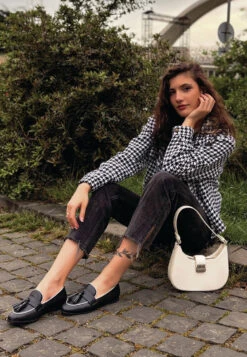 Mythos Dual Tone Tassel Loafers 9 Mythos Dual Tone Tassel Loafers -Her Shoe World RCSH5073 BLACK Influencer Image