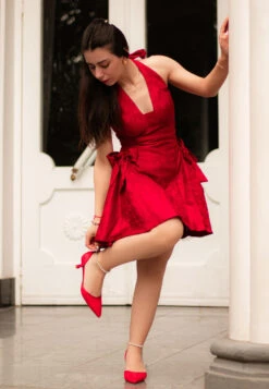 Laika Lace Kitten Heel Sandals -Her Shoe World RCSH5112 RED Influencer Image