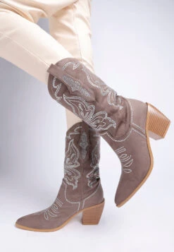 Latafa Rhinestones Embellished Cowboy Boots 32 Latafa Rhinestones Embellished Cowboy Boots -Her Shoe World RCSH5219 Taupe 8
