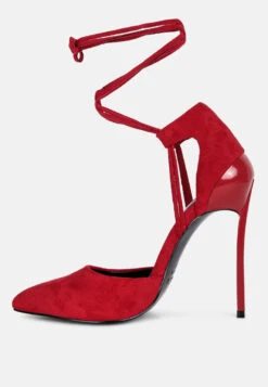 RULE-BREAKER Red Lace Up Stiletto Sandals -Her Shoe World RULEBREAKERRedMicrofiberHighHeeledLaceUpSandal RCSH3455 Red 3