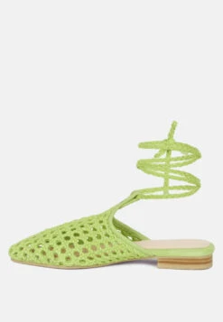 TUTSI Green Handwoven Honeycomb Tie Up Flat Mules -Her Shoe World TUTSIGreenHandwovenHoneycombCottonTieUpMuleFlats RCSH2867 Green 3