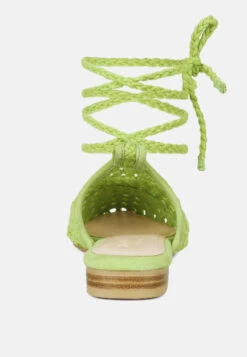 TUTSI Green Handwoven Honeycomb Tie Up Flat Mules -Her Shoe World TUTSIGreenHandwovenHoneycombCottonTieUpMuleFlats RCSH2867 Green 6
