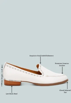 Wolferton Delicate Stud Detail Leather Loafers -Her Shoe World WolfertonDelicateStudDetailLeatherLoafers RCSH4847 offwhite 1