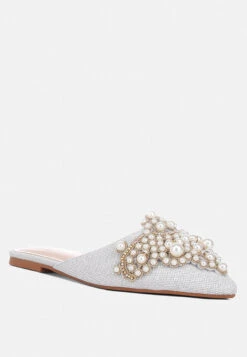 ASTRE Pearl Embellished Shimmer Mules In Silver