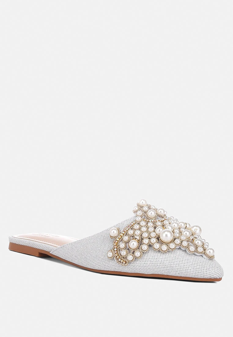 ASTRE Pearl Embellished Shimmer Mules In Silver 3 ASTRE Pearl Embellished Shimmer Mules In Silver