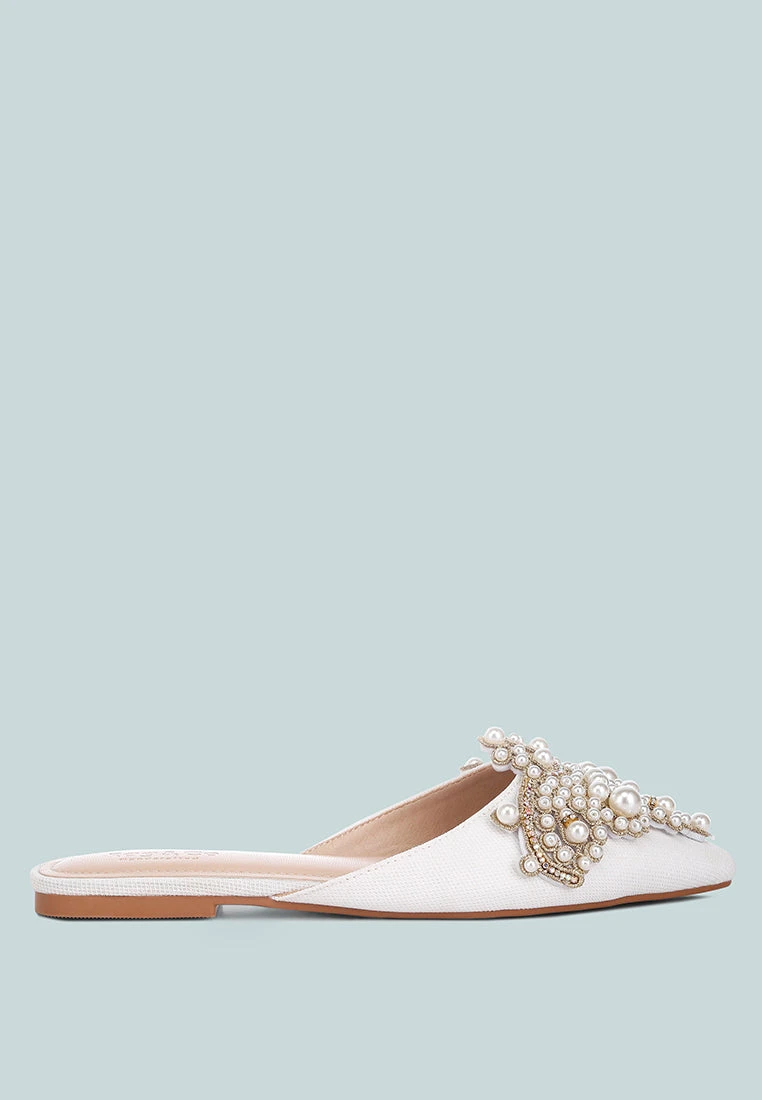 ASTRE Pearl Embellished Shimmer Mules In White 3 ASTRE Pearl Embellished Shimmer Mules In White