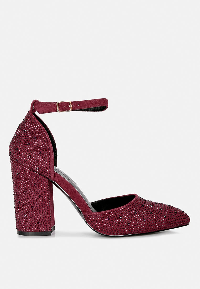 CULVER Rhinestone Embellished Block Heel Sandals In Burgundy 4 CULVER Rhinestone Embellished Block Heel Sandals In Burgundy - Image 2