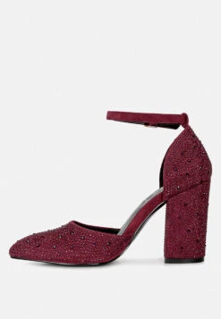 CULVER Rhinestone Embellished Block Heel Sandals In Burgundy 11 CULVER Rhinestone Embellished Block Heel Sandals In Burgundy -Her Shoe World culvermicrofiberdiamanteblockheeledsandalinBurgundy RCSH3454 4