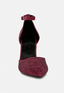 CULVER Rhinestone Embellished Block Heel Sandals In Burgundy 10 CULVER Rhinestone Embellished Block Heel Sandals In Burgundy -Her Shoe World culvermicrofiberdiamanteblockheeledsandalinBurgundy RCSH3454 7