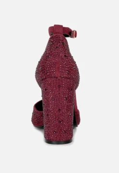 CULVER Rhinestone Embellished Block Heel Sandals In Burgundy 12 CULVER Rhinestone Embellished Block Heel Sandals In Burgundy -Her Shoe World culvermicrofiberdiamanteblockheeledsandalinBurgundy RCSH3454 8