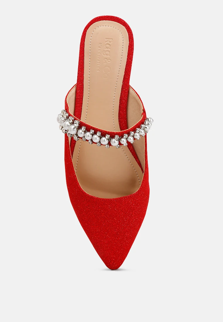GEODE Pearl Embellished Slip On Mules In Red 9 GEODE Pearl Embellished Slip On Mules In Red - Image 7