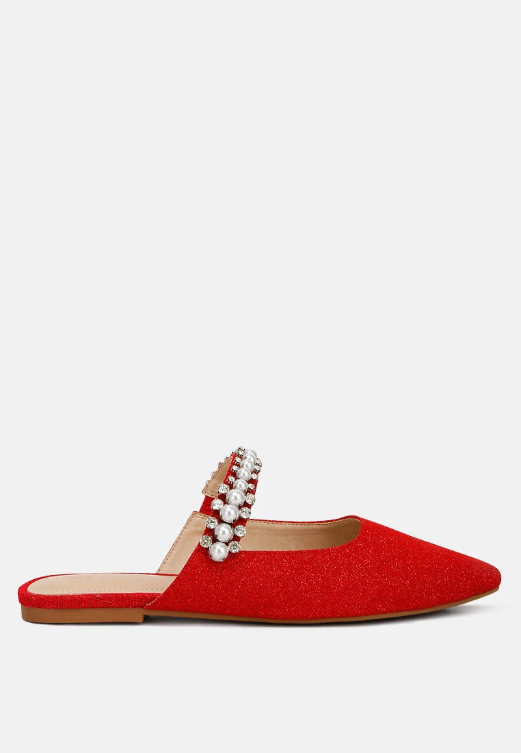 GEODE Pearl Embellished Slip On Mules In Red 3 GEODE Pearl Embellished Slip On Mules In Red