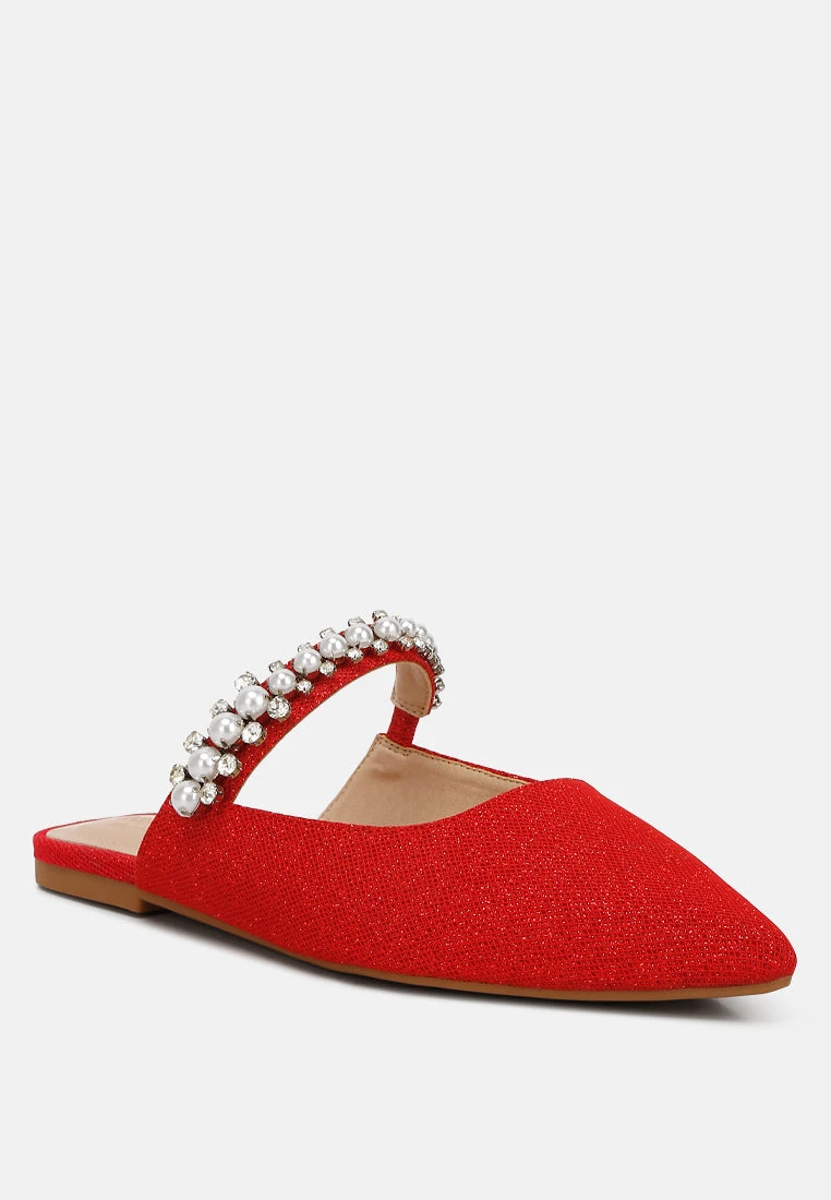 GEODE Pearl Embellished Slip On Mules In Red 5 GEODE Pearl Embellished Slip On Mules In Red - Image 3