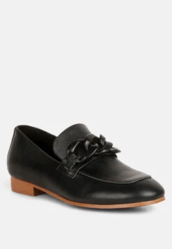 MERVA Chunky Chain Leather Loafers In Black